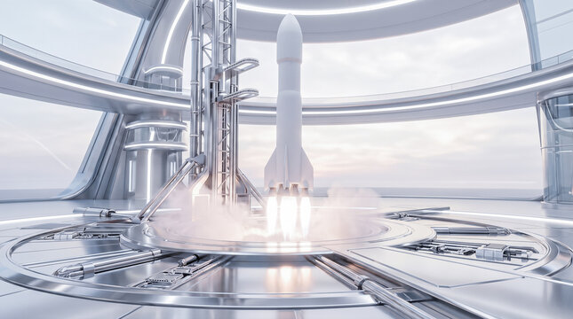 Heavy white spacecraft rocket lifting off from futuristic circular metal launchpad inside massive modern scientific spaceport facility creating thick smoke