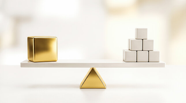 Golden metallic square block weighing opposite multiple plain white cubes resting atop simple balancing scale representing business value mass comparison concept