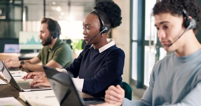 Call center, woman and laptop with coworking in office, contact us and communication with help desk. Person, colleagues and typing at pc for online advice, customer support and telecom in workplace