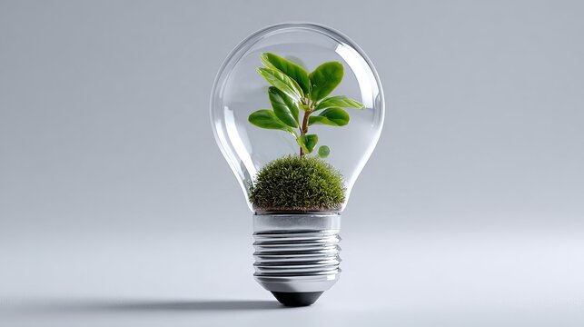 Green Innovation Concept: A vibrant green seedling sprouts from moss inside a clear glass lightbulb, symbolizing sustainable ideas and eco-friendly growth.