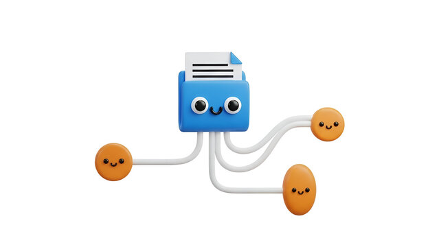 Cute 3D file folder character with nodes. Digital data management icon for business apps.