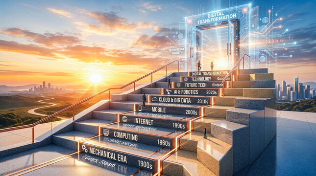Tiny business people climbing giant stone stairs displaying technology evolution timeline towards glowing digital transformation doorway against beautiful sunset city background