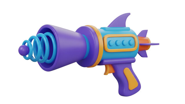 3D cartoon ray gun isolated on white. Futuristic space blaster toy for sci-fi game design.