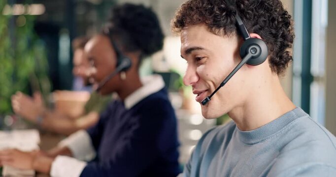 Call center, advice and man in office with headset, contact us or telecom advisory in crm service. Talking, coworking and happy agent with microphone, online assistance and enquiry in client support.