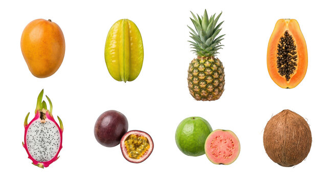 Tropical fruits arranged in a grid for healthy eating concepts isolated on transparent background