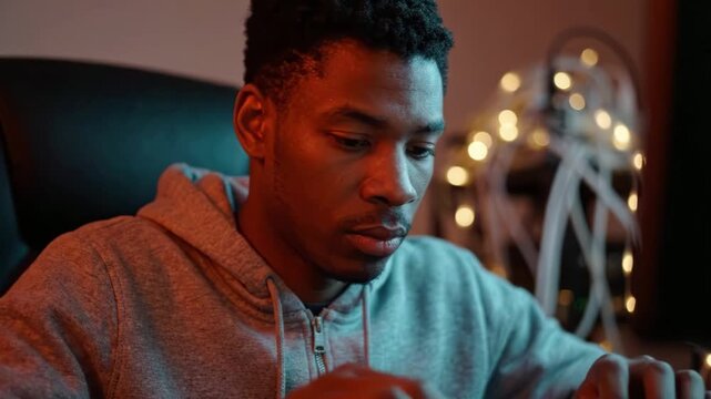 Focused Individual Engaged in Activity in a Dimly Lit Room with Decorative Lights Producing a Thoughtful Atmosphere and Reflective Mood