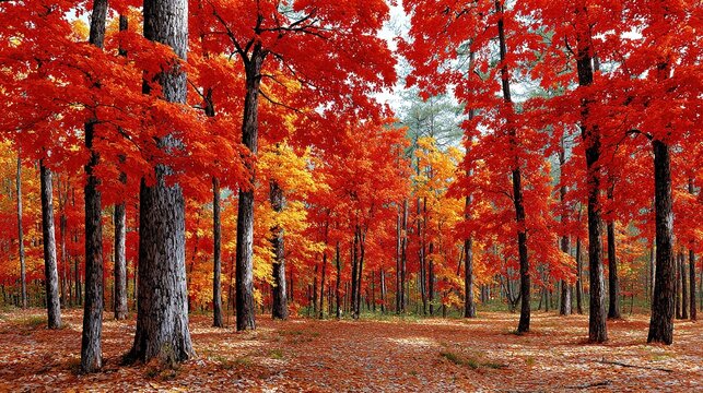 Autumn Forest Path: A serene forest path winds through a vibrant grove of trees ablaze with the fiery reds and golds of autumn foliage. Sunlight filters through the canopy.