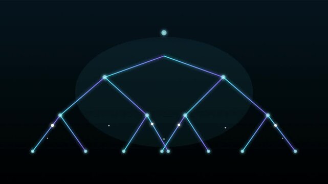 Digital data structure growth visualization showing binary tree expansion process on dark background