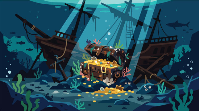 Sunken wooden pirate ship with open treasure chest underwater. Deep ocean floor with sharks and gold coins. Underwater shipwreck landscape vector illustration.