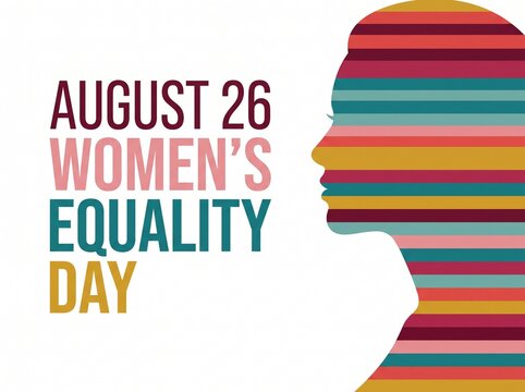 Women's Equality Day Banner with August 26 Text and Colorful Striped Female Profile Silhouette on White Background