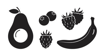Black icons of various fruits on white background with avocado blueberries blackberries silhouettes avocado blackberry blueberry nutrition with healthy © Kamola