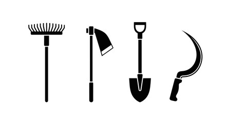 Four gardening tools icons in black on white background with illustration agriculture equipment farming symbols graphic shovel sickle with rake © Kamola