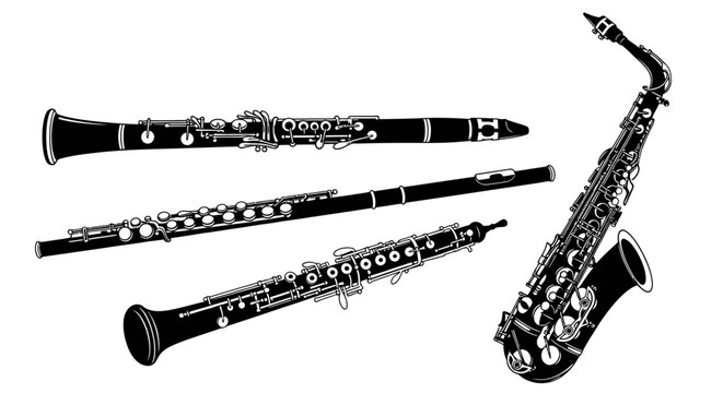 Black and white illustration of various musical wind instruments with illustration four different performance saxophone orchestra classical with clarinet