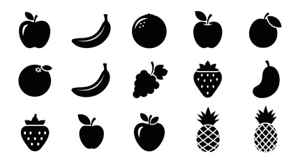 Collection of black fruit icons on white background with including apples bananas bananas berries arranged strawberries pineapples graphics with oranges © Kamola