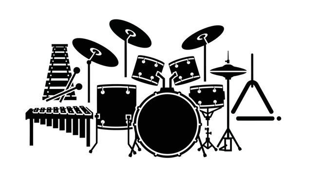 Black drum kit and percussion instruments on white background with black graphic drum set cymbals cymbals bass xylophone drumstick triangle with music