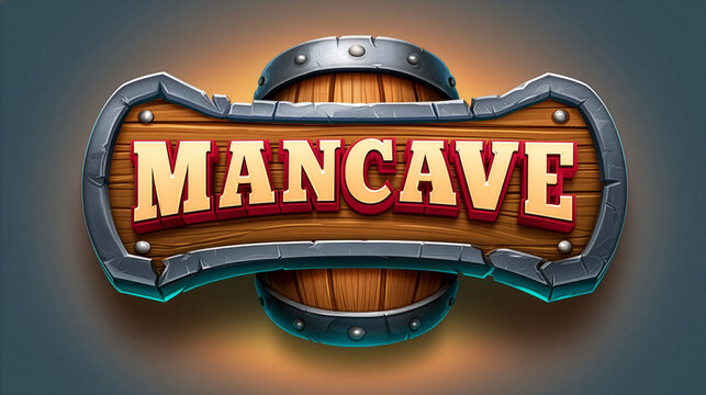 Mancave Stylized Game UI Banner With Rustic Wood and Metal Textures