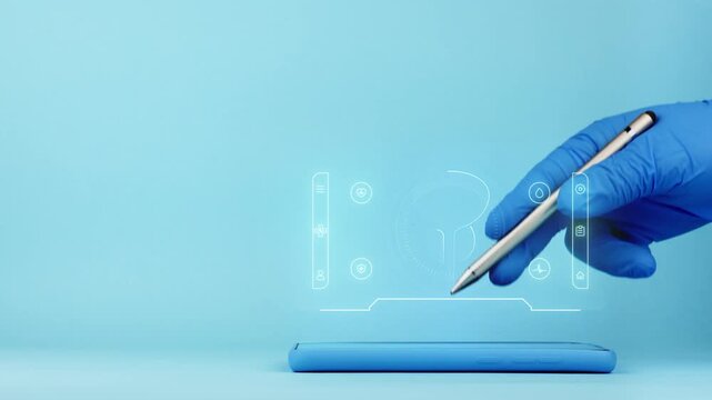 A doctor's hand presents a medical interface on a smartphone. Medical app for prostate health diagnosis and monitoring. Modern medicine. Isolated on a light blue background.