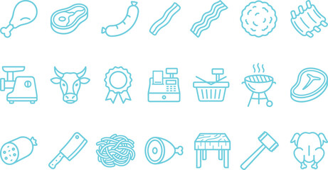 Fototapeta premium Meat and Butcher Shop Icon Set for Barbecue, Fresh Cuts, Grocery and Restaurant Menu Design