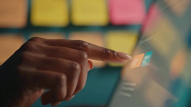 Dynamic Interaction: Close-up of Finger Tapping on a Tablet Screen Surrounded by Colorful Sticky Notes, Demonstrating Digital Engagement and Productivity.