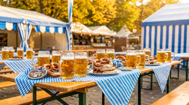 Traditional Oktoberfest beer festival tables with mugs of beer and pretzels outdoors.