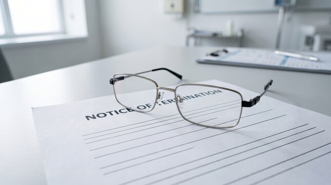 Eyeglasses resting on termination notice in medical office