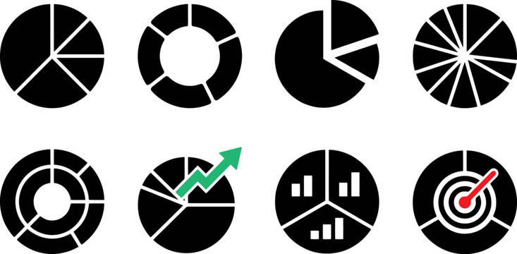 Pie charts and bar graphs black vector illustrations on white background