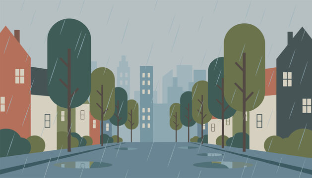 Heavy rain pours down on an empty suburban street with lush green trees, neat houses, and a distant city skyline.