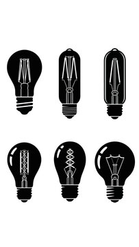 Black and White Vintage Edison Light Bulb Icons: Idea, Innovation, Retro Design Elements