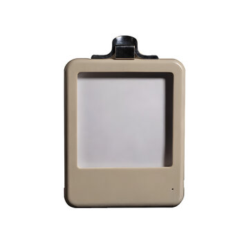 Cream colored rectangular plastic clipboard with a metal clip on a white background surface