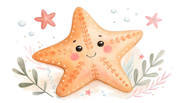 Cute cartoon starfish character with pink cheeks surrounded by small sea plants and bubbles