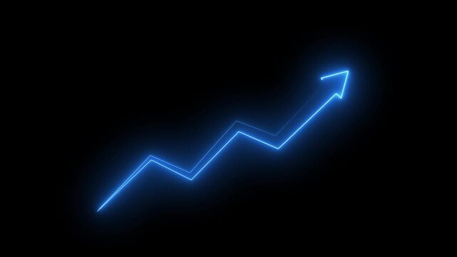 Neon Glowing Upward Growth Arrow with Rising Trend Line on Black Background.