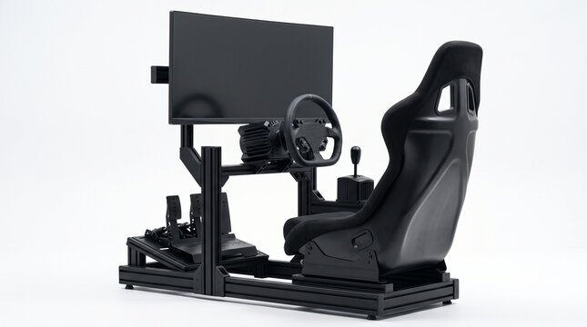 Racing simulator cockpit with steering wheel, pedals, monitor and bucket seat, representing virtual driving, esports gaming and automotive training