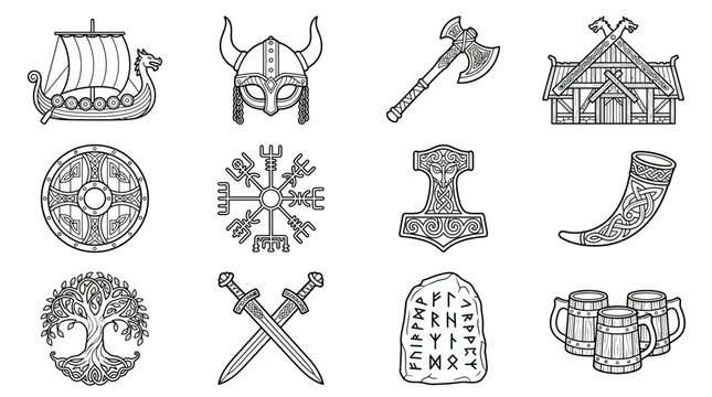 Viking Symbols Collection: Ship, Helmet, Axe, Runes, Mjolnir