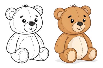 Fototapeta premium Cute teddy bear sitting next to its line drawing sketch