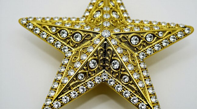 Ornate gold star ornament bedazzled with clear crystals. Detailed filigree patterns adorn antique metal star. Isolated studio shot against white background for festive use.