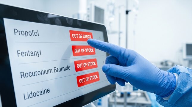 Medical worker pointing to out of stock medicine screen
