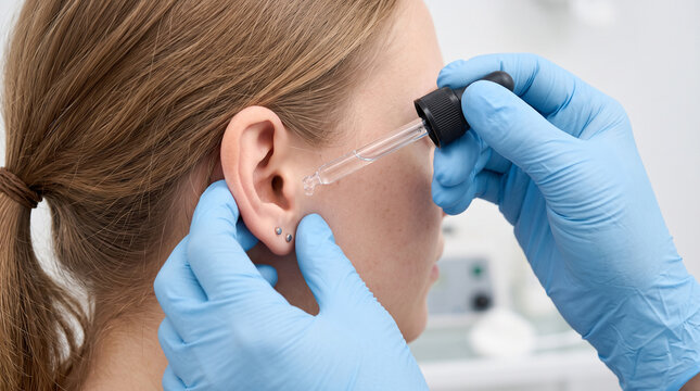 A healthcare wearing blue medical gloves uses a dropper to apply ear drops into the ear of ad social media download thambnail poster web template event festival 2026 2027 2028