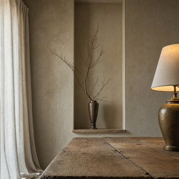Japandi Interior with Bare Branch Vase in Wall Niche and Warm Lamp Light