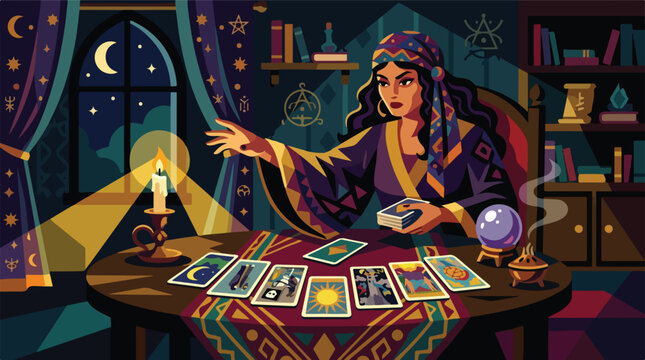 Gypsy fortune teller reading tarot cards in candlelight vector. Mystic woman holding deck during spiritual divination. Esoteric room with crystal ball.