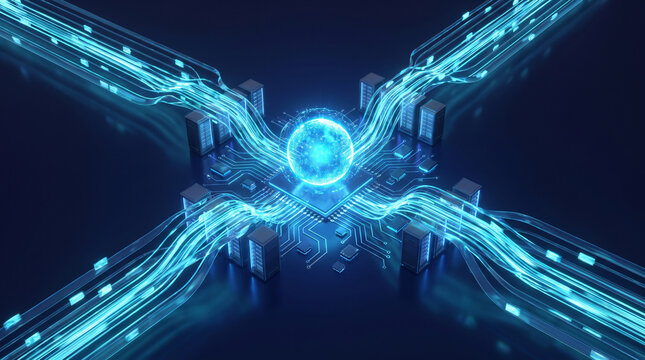 Futuristic digital technology background with glowing blue energy core and high speed data transmission lines forming an abstract cyber network in dark virtual space environment concept.