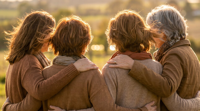 Group of mature women standing together in a field at sunset with arms around each other