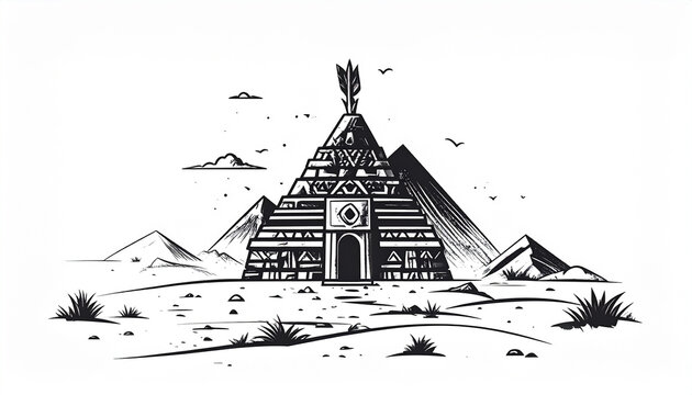 Ethnic styled ancient temple pyramid illustration in desert landscape scene