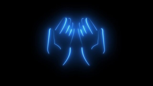 A digital  graphic representing glowing neon hands in a prayer or dua position Dua mindfulness and gratitude in faith. prayer in religious building for Ramadan Kareem, Eid Mubarak.