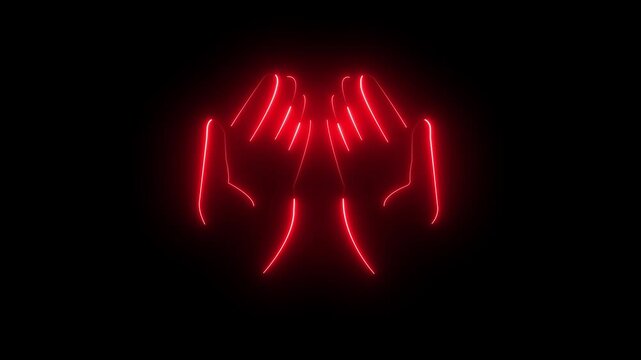 Glowing Neon islamic praying hand outline icon animation on black background,Mubarak. glowing line art of two hands held up in a gesture of prayer or supplication on a black background .