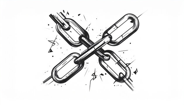 Industrial crossed heavy metal chains illustration with ink splatters and rough textures