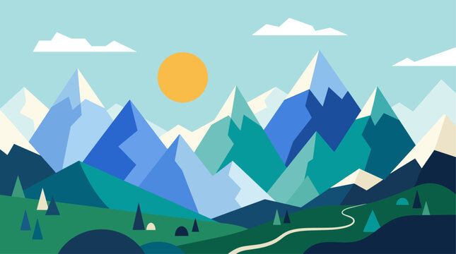 Flat vector illustration of a scenic mountain range with yellow sun and winding road under clouds