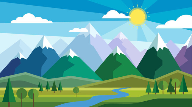 Vibrant geometric mountain landscape featuring snowy peaks, sunny blue sky, winding river, and forest trees in a modern flat vector illustration style