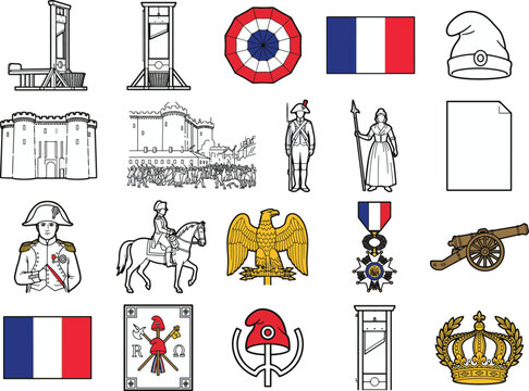 A collage of illustrations depicting French Revolution symbols, including guillotines, flags, military figures, and iconic landmarks, representing a historical overview of the era.