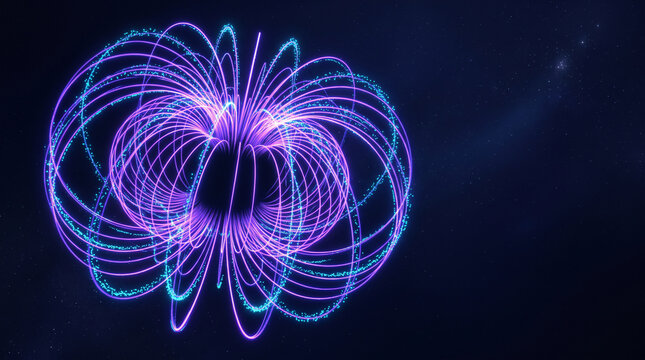 Abstract representation of a magnetic field torus with glowing blue and purple light lines visualizing quantum physics fusion energy plasma loop on a dark background science concept.