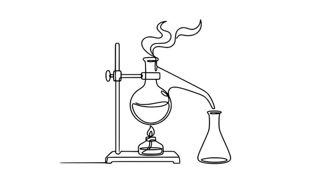 One continuous line chemistry retort drawing with glass laboratory apparatus, wavy smoke, science experiment, and education concept vector